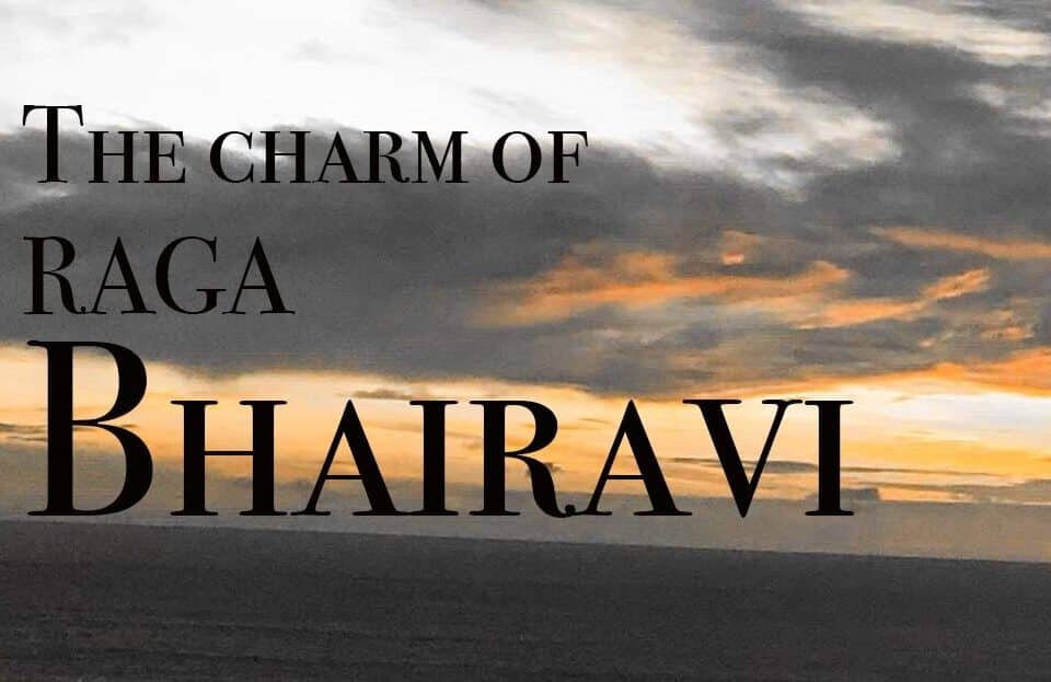 Sunset skies with text overlay "The Charm of Raga Bhairavi," hinting at leadership in music. Perfect blend of talent and career insight from a respected author.