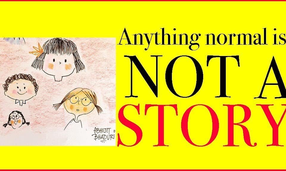 Cartoon faces with the text "Anything normal is NOT A STORY" emphasize creativity and leadership. Perfect for those exploring talent, career, and work through an author's lens.