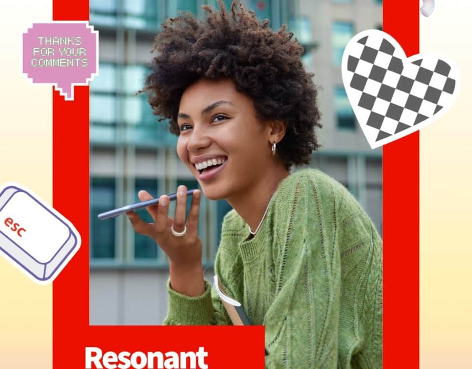 Smiling person in a green sweater holding a smartphone, embodying resonant leadership for results in a vibrant, colorful design.