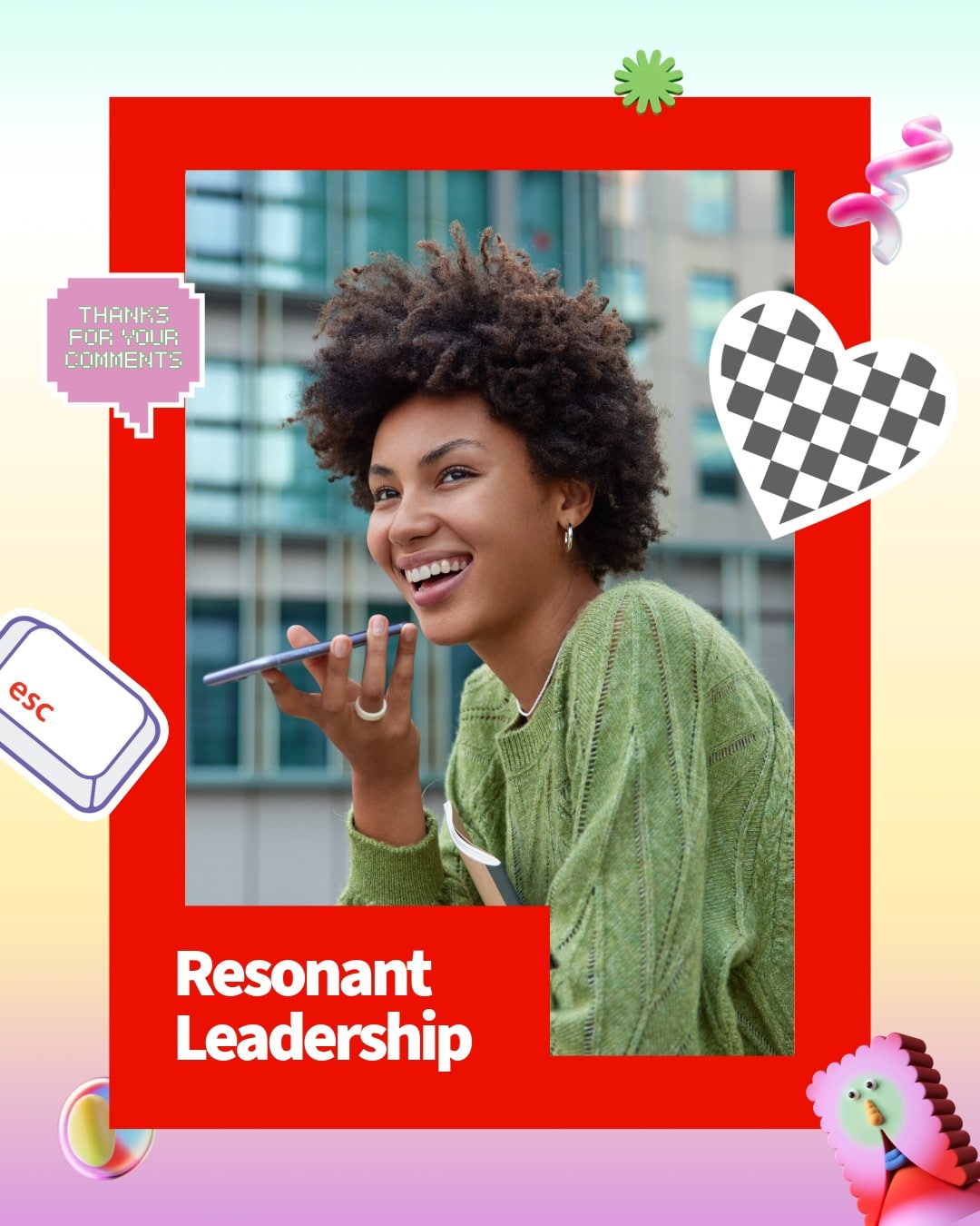 Smiling person in a green sweater holding a smartphone, embodying resonant leadership for results in a vibrant, colorful design.