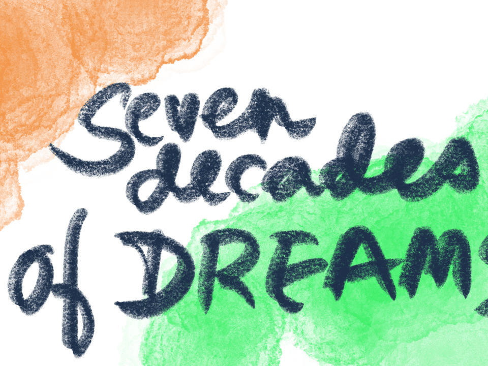 Inspirational text reading "Seven decades of DREAMS" in colorful, artistic style, symbolizing leadership, work, and career growth over time. Perfect for motivating talent in HR.