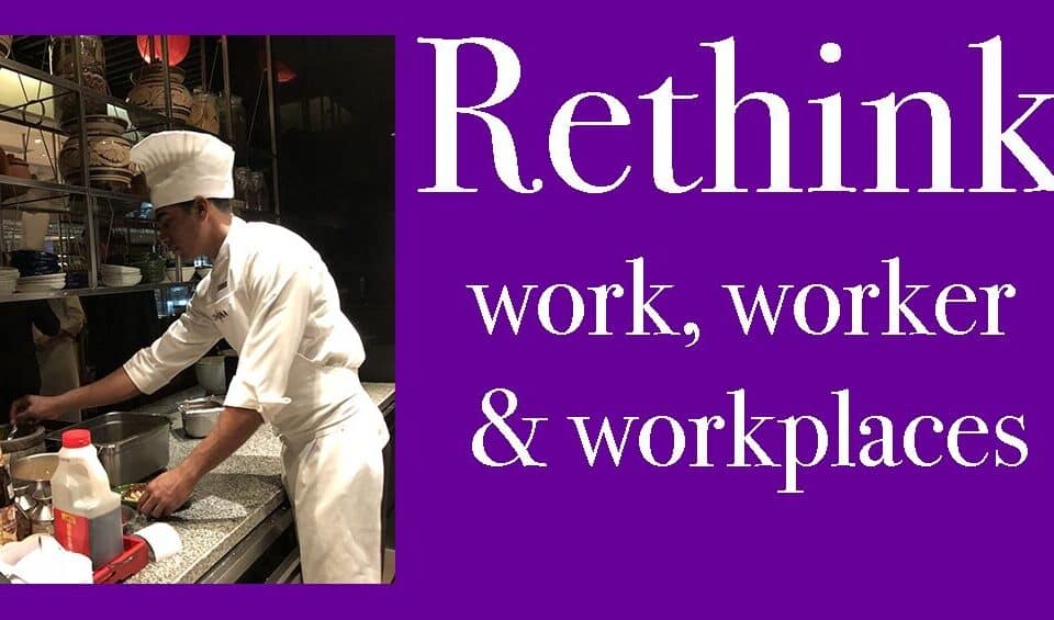 Chef at work in a bustling kitchen with inspiring text about rethinking work, careers, and leadership in talent and HR-driven workplaces.