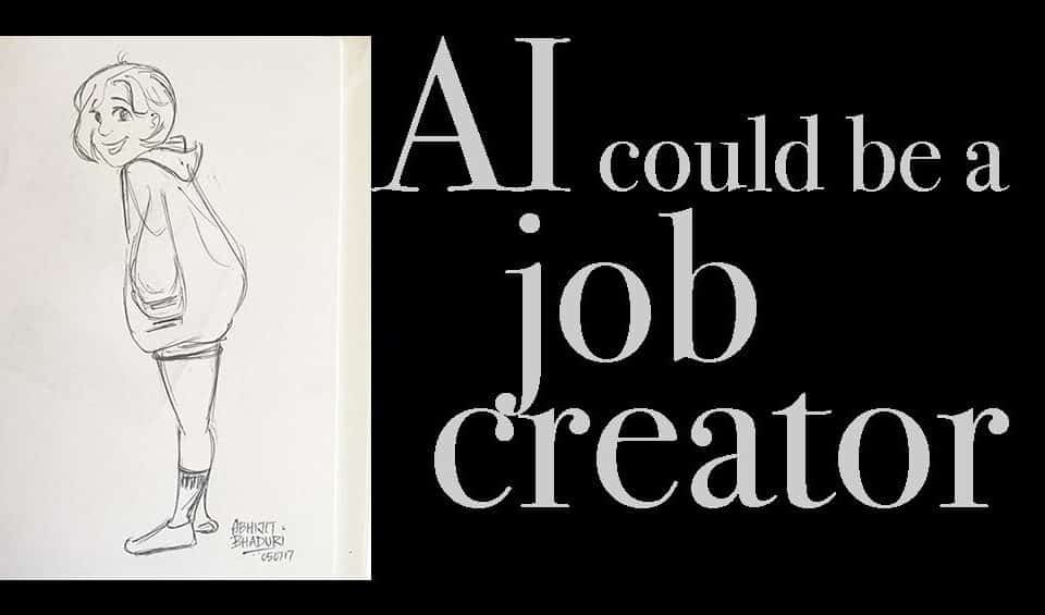 A friendly sketch of a person in a hoodie next to the text, "AI could be a job creator," highlighting insights on work, leadership, and career opportunities.