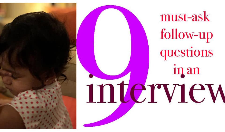 Cute baby with text listing 9 must-ask interview questions. Perfect for enhancing your career, leadership skills, and HR talent with author insights.