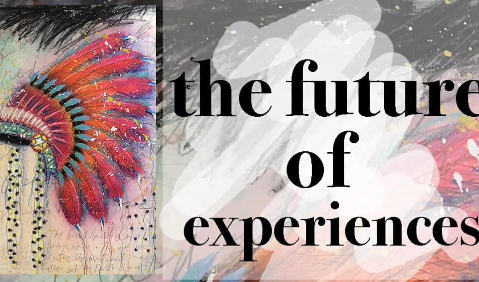 Vivid artwork shows a colorful headdress with the words "the future of experiences," embracing leadership, career growth, and the talent-driven workplace.