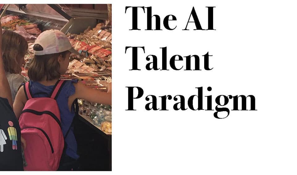 Kids exploring a market next to "The AI Talent Paradigm" text. Dive into career insights, leadership, and HR with a respected author.