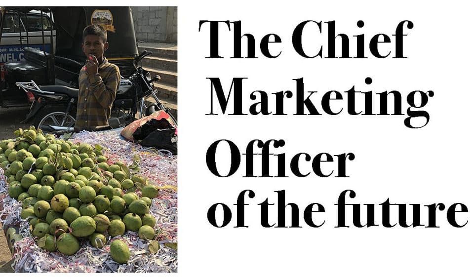 Young entrepreneur by fruit stand, captioned "The Chief Marketing Officer of the Future," symbolizing career talent, leadership, and innovative work in HR.