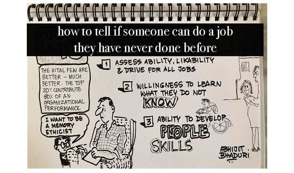 Notebook illustration outlining key traits for success in unfamiliar jobs: ability, eagerness to learn, people skills. Insights on career leadership and talent.