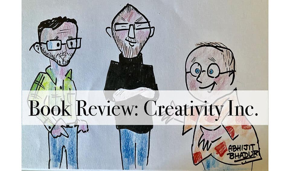 Cartoon illustration reviewing "Creativity Inc.", highlighting career growth, leadership, and talent. Perfect for HR professionals and aspiring authors.