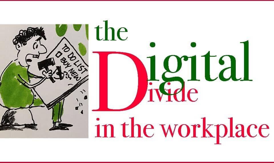 Cartoon illustrating workplace digital divide challenges, highlighting career growth, leadership, and HR talent development in a modern work environment.