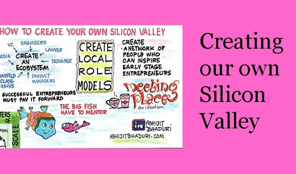 Colorful illustration on creating local role models for a Silicon Valley-like ecosystem, inspiring career guidance and leadership insights from an author.