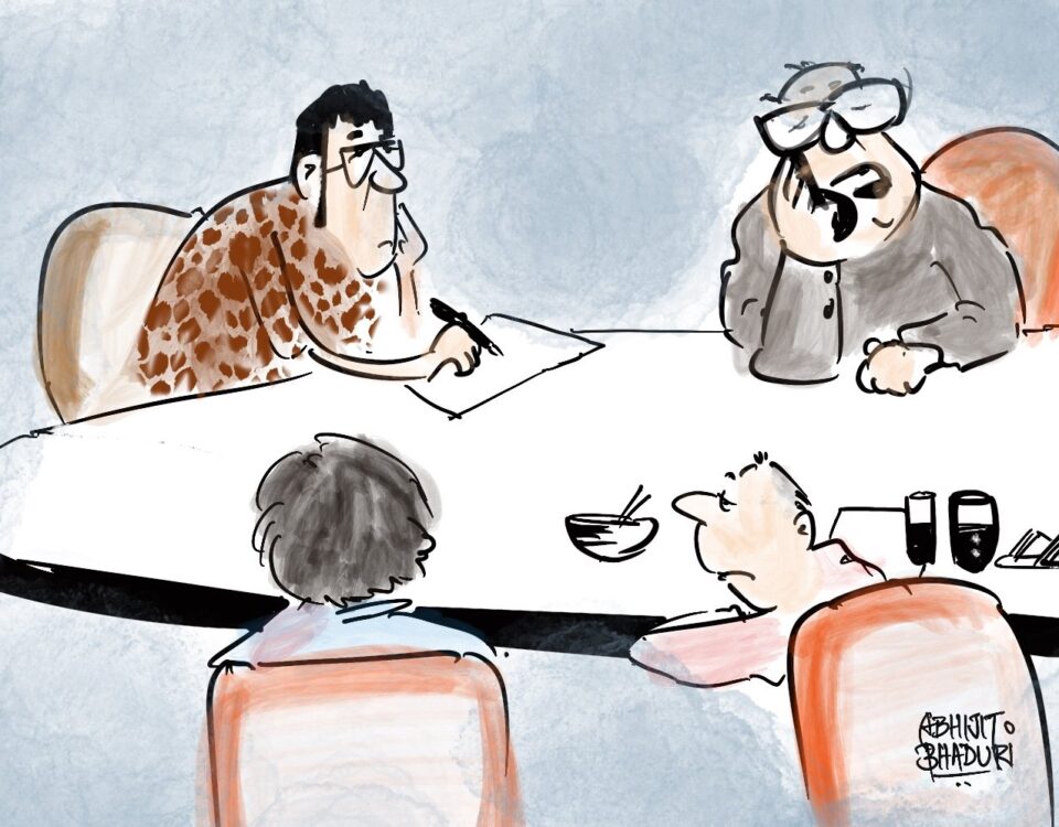 Cartoon of a meeting highlighting workplace dynamics and leadership. Interesting discussions on career, HR strategies, and discovering hidden talent.