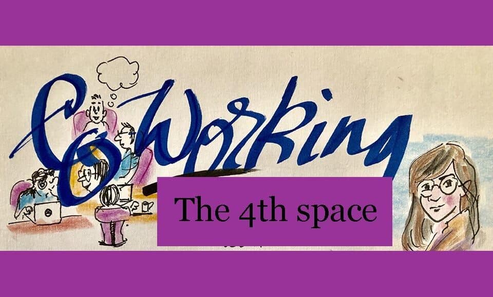Illustration of a lively coworking space labeled 'The 4th Space,' highlighting talent and leadership in modern careers. Great for HR and authors alike!