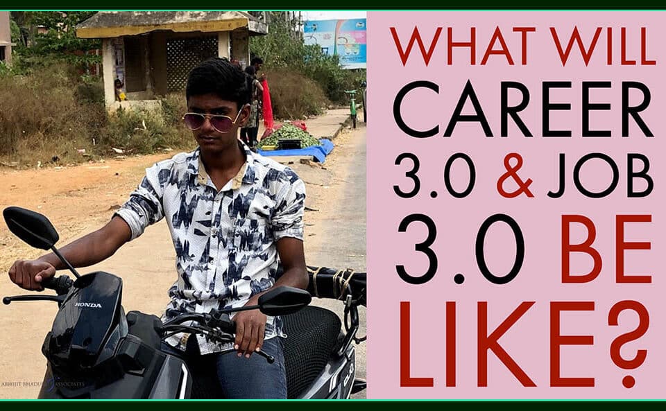 Young man on a scooter, alongside the text "What Will Career 3.0 & Job 3.0 Be Like?" discussing future work, leadership, HR, and talent trends.