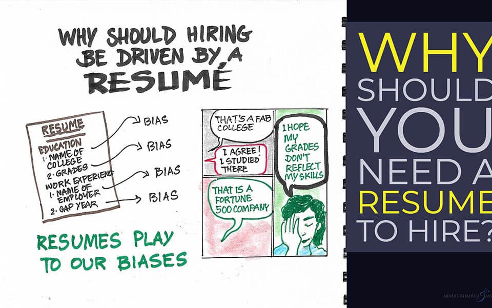 Illustration highlighting resume bias in hiring. Questions the effectiveness of resumes in showcasing true talent, work ethic, and leadership in career paths.
