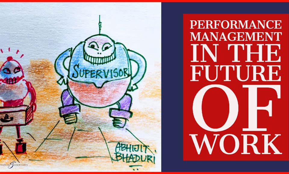 Illustration of futuristic supervisors discussing performance management in work, highlighting leadership and talent, by a respected author in HR and career development.