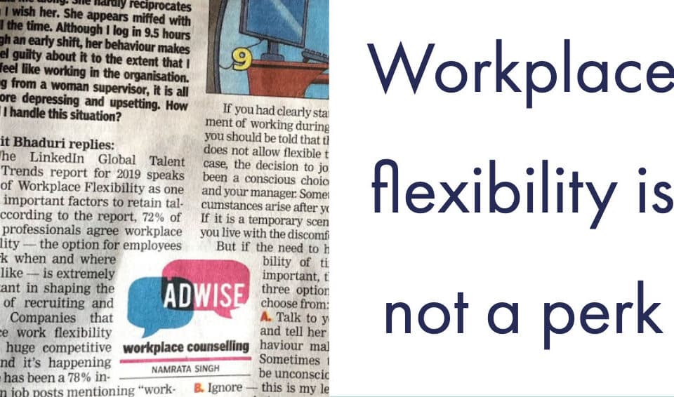 Newspaper article highlighting workplace flexibility as a vital part of career success, emphasizing talent retention, HR practices, and effective leadership.