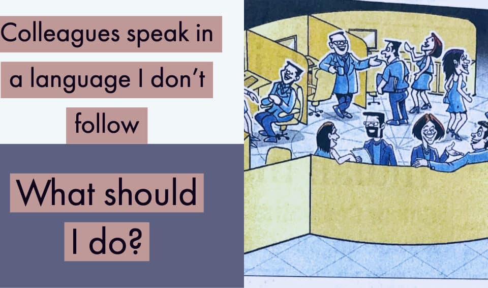 Cartoon of an office with diverse colleagues chatting, highlighting language barriers. Perfect for discussions on work, talent, HR, and leadership challenges.