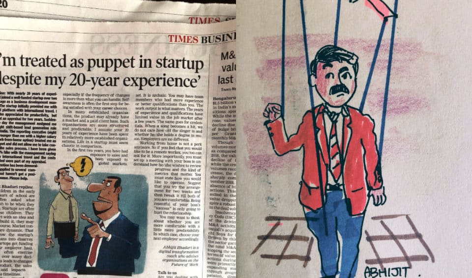 Newspaper article and cartoon discussing career challenges in startups. Highlights leadership and HR dynamics for experienced professionals.