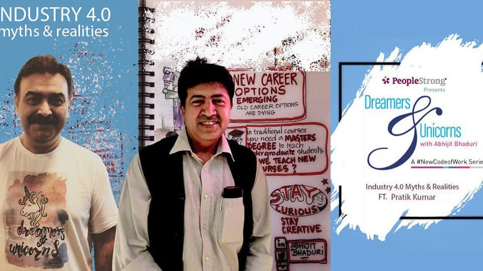 Industry 4.0 event with two professionals discussing career myths, leadership, and HR talent, part of the Dreamers & Unicorns series by a well-respected author.