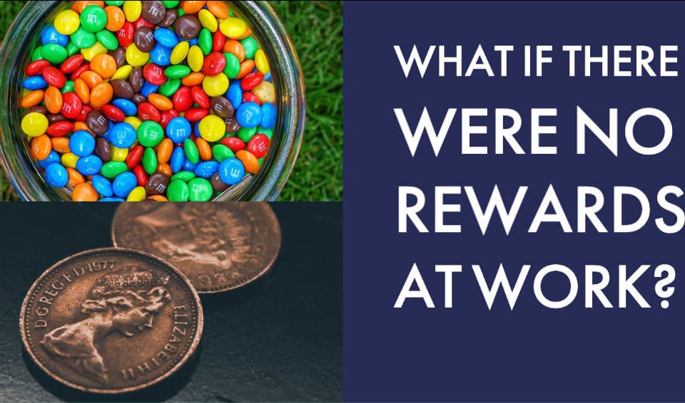 Colorful candies and coins next to text pondering the absence of work rewards, exploring insights on career leadership from a seasoned author and HR expert.