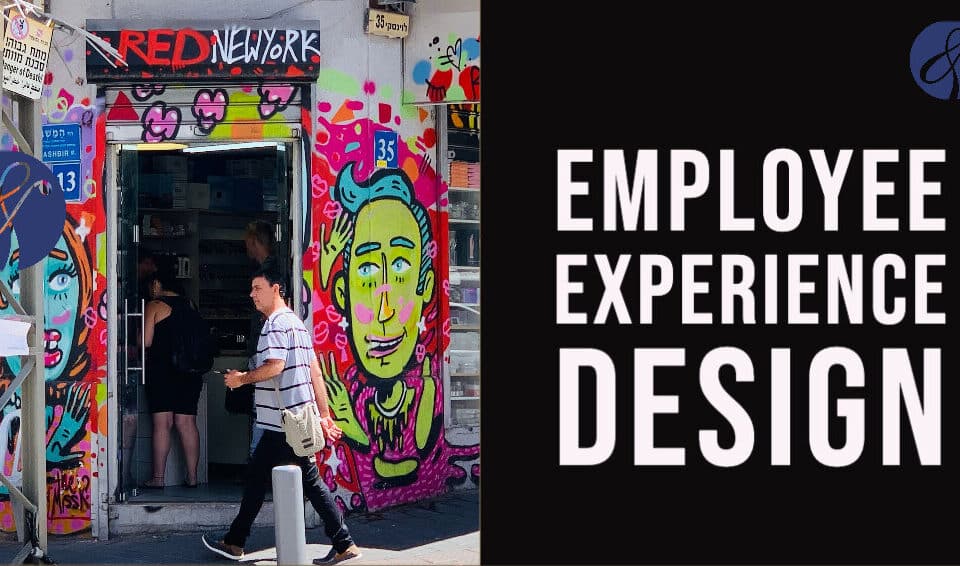 Street art with vibrant colors frames a cool shop entrance, next to "Employee Experience Design" text, perfect for HR leaders and career-oriented authors exploring talent.