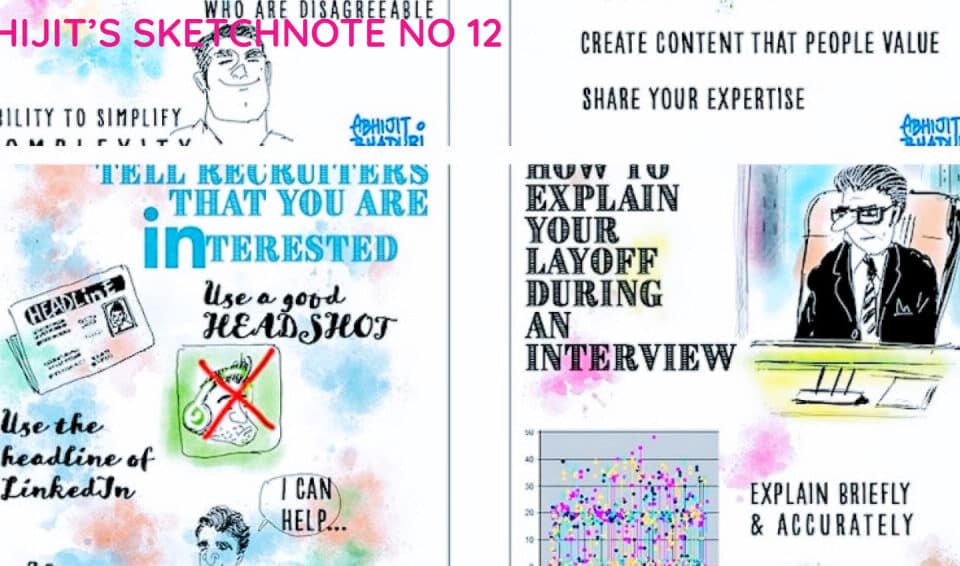 Sketchnote highlights career advice and leadership tips for job seekers. Includes HR insights on talent, work strategies, and author expertise.