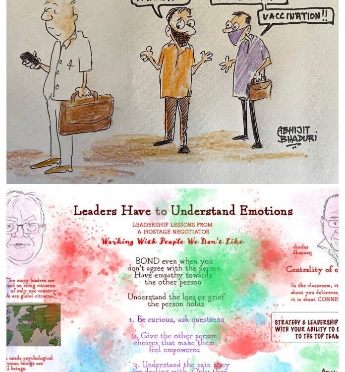 Cartoon and text exploring themes of leadership, work dynamics, and emotional intelligence in careers. Highlights HR insights and the talent of a respected author.