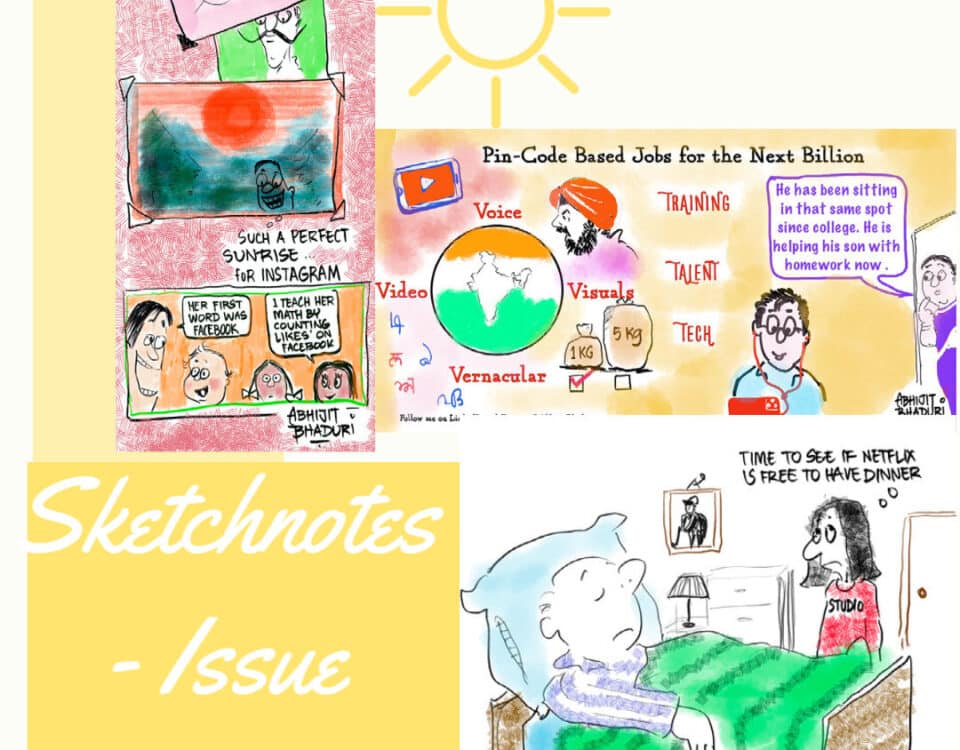 Colorful sketchnotes illustrate career and leadership concepts with humor. Emphasizes talent, HR strategies, and engaging content from a renowned author.