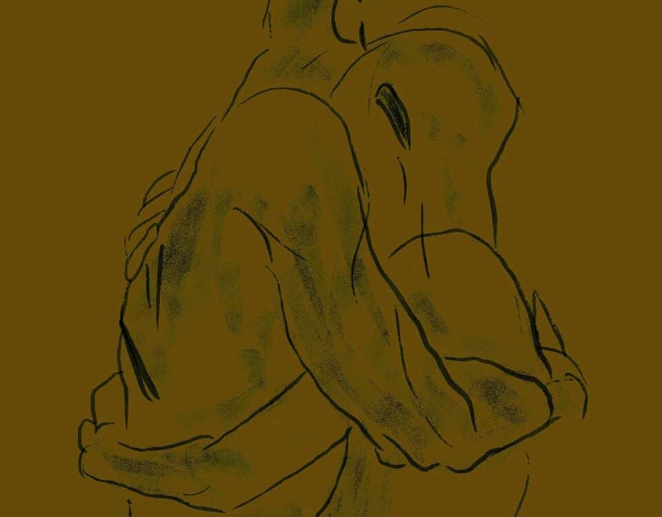 Illustration of two figures embracing warmly, symbolizing the nurturing aspect of leadership and the human side of a rewarding career in HR.