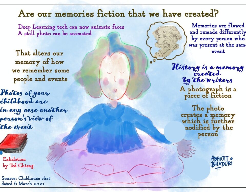 Colorful illustration exploring the concept of memory and perception with notes from a respected author. Ideal for discussions on leadership and career talent in HR.