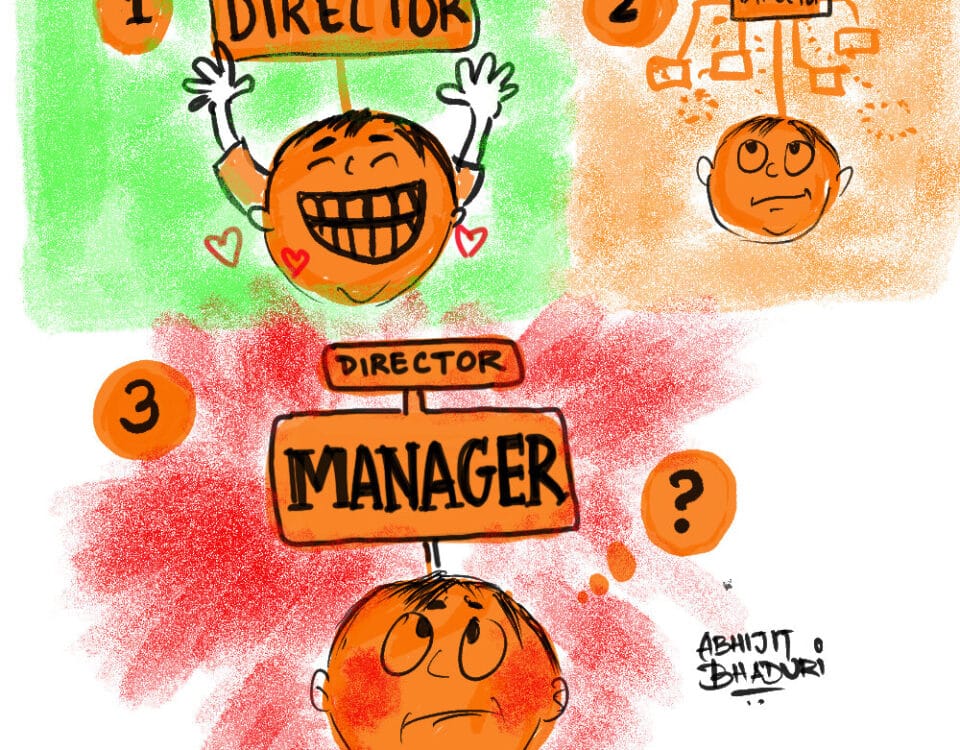 Playful cartoon illustration depicting career growth and leadership roles in work. A smiling figure holds a director sign, symbolizing talent and HR dynamics.