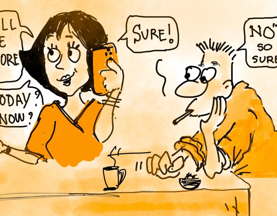 Two cartoon characters engage in a lively chat about work and leadership. One is eager, the other skeptical—reflecting diverse career viewpoints.