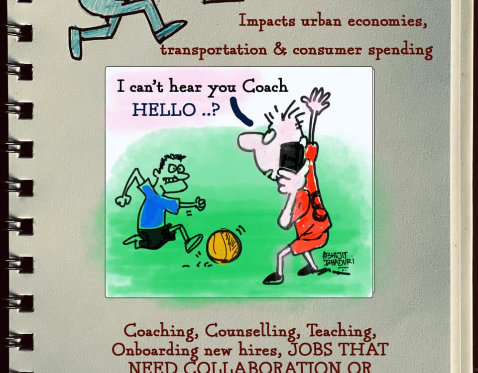 Cartoon about remote work challenges, highlighting impacts on career, leadership, and HR roles that require in-person interaction for creativity and teamwork.