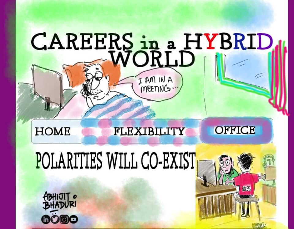 Cartoon illustrating hybrid work balance with a blend of home, office, and flexibility. Highlights career dynamics, leadership roles, and HR insights.