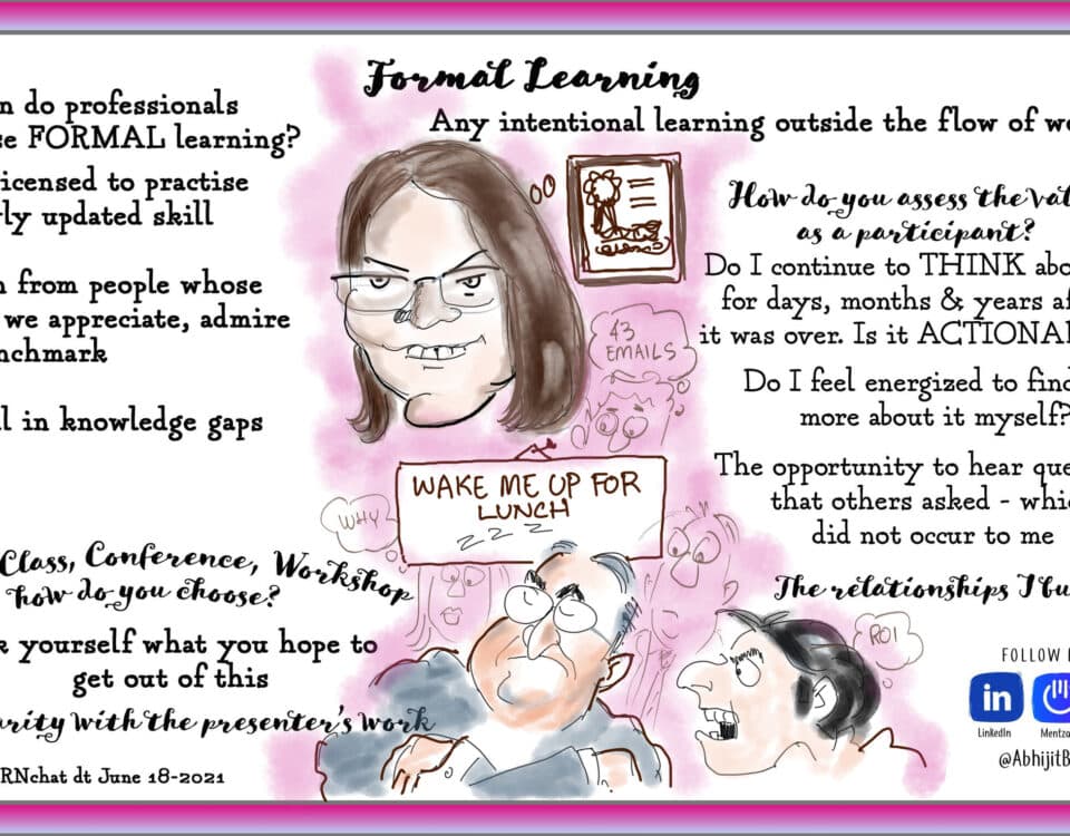 A friendly, insightful cartoon explores formal learning for career growth. Highlights leadership, work, talent, and HR development through workshops.