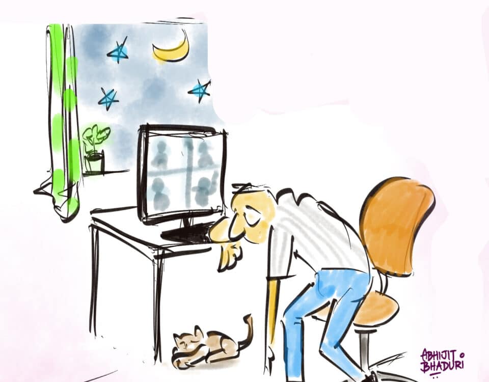 A person, tired from remote work, leans over a desk with a cat nearby, capturing the balance of career, leadership, and HR in a cozy home setting.