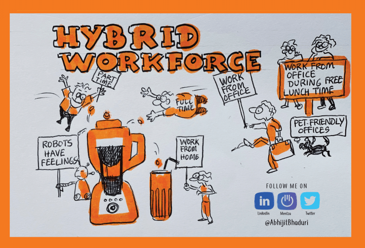 Illustration of a diverse hybrid workforce, blending office and remote work, capturing modern career dynamics and HR leadership with a humorous touch.