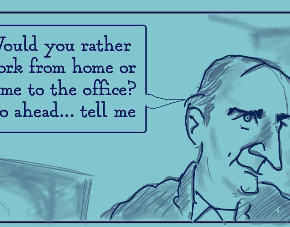 Cartoon of a leader asking about work preferences: home or office. Authoritative yet approachable, perfect for HR-led career and talent discussions.