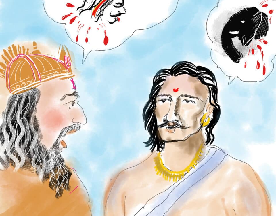 Two illustrated figures with thought bubbles, depicting an intense conversation about leadership, talent, and the dynamics of work and career in a historical setting.