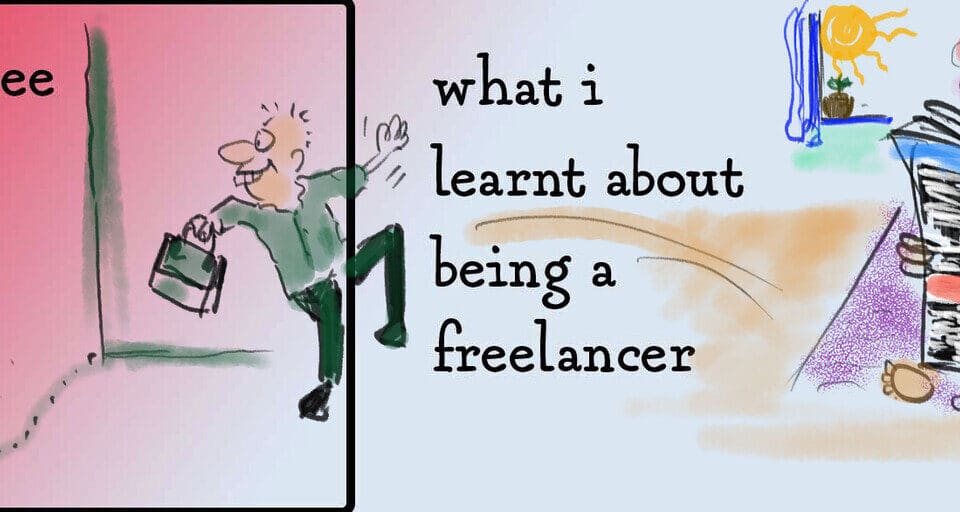 Cartoon contrasts full-time work with freelance life, illustrating career paths. Themes of leadership, author insights, HR, and talent shine through.