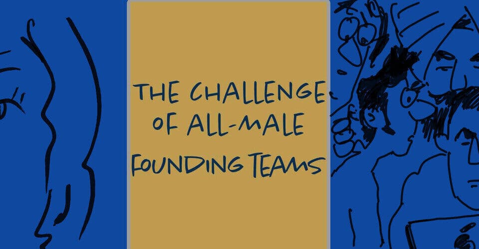 Illustration depicting the challenge of all-male founding teams in work environments. Insights on leadership, career growth, HR, and embracing diverse talent.
