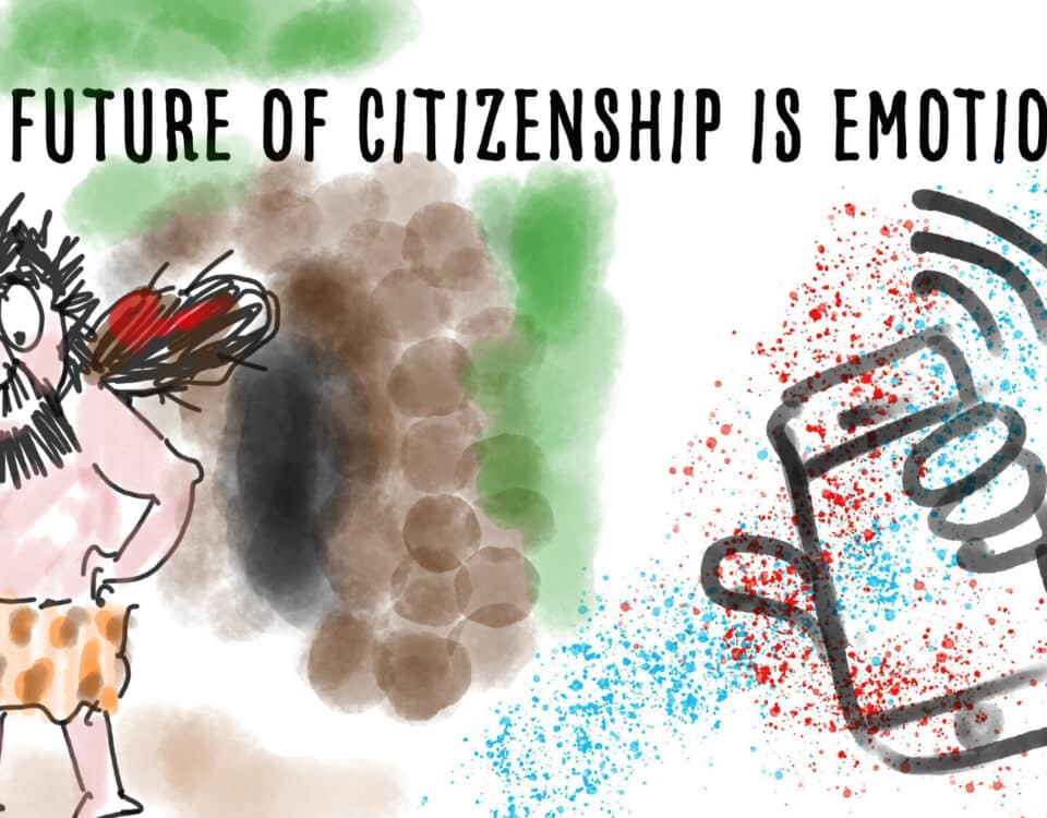 Cartoon caveman holding a phone, illustrating the emotional future of citizenship. Perfect for insights into work, leadership, and career talent in HR.