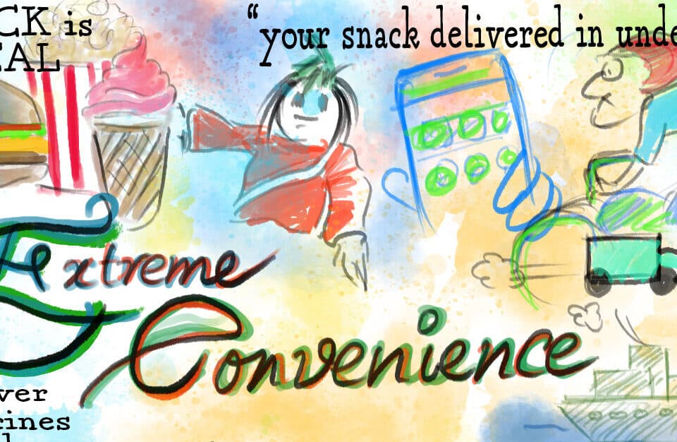 Colorful illustration highlighting extreme convenience in snack delivery, showcasing talent in leadership and innovation. Perfect for discussions on work and career in HR.