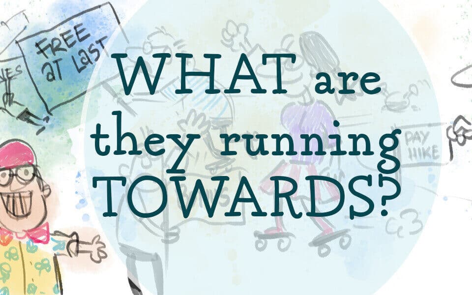 Cartoon illustrating career change with people running towards new opportunities. Highlights themes of work, leadership, and talent in a humorous manner.
