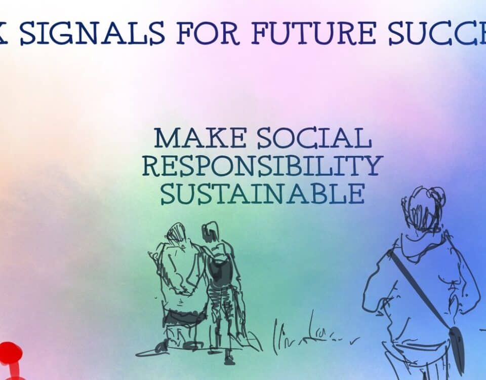 Illustration highlighting six signals for future success: leveraging AI, sustainable social responsibility, and applying science to solve big problems.