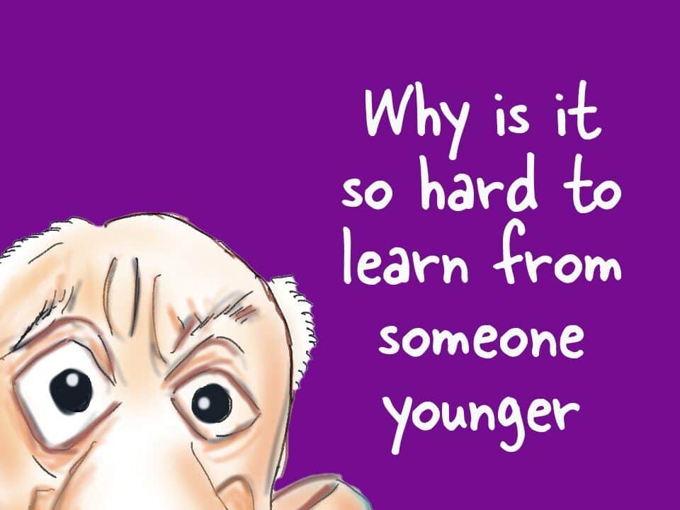 Cartoon of an older person pondering a question about learning from younger talent, ideal for discussions on career growth, leadership, and HR insights.