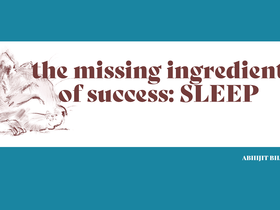 Adorable sketch of a sleeping cat next to the text "The Missing Ingredient of Success: Sleep." Perfect reminder for leaders and HR to nurture work-life balance.