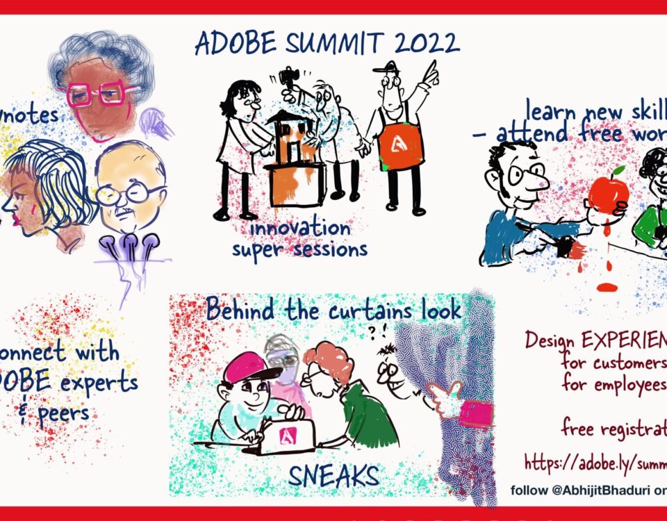 Colorful illustration of Adobe Summit 2022 showcasing keynotes, workshops, and networking. A vibrant mix of career, leadership, and innovation insights.