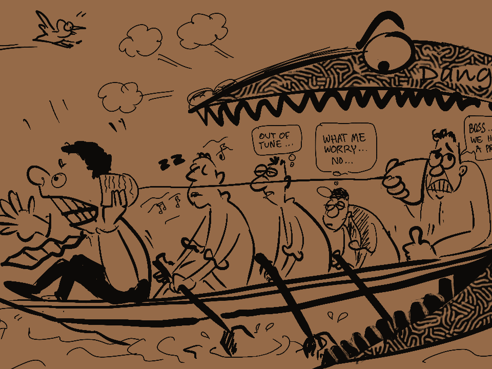 Cartoon of a team rowing into a sea monster's mouth, highlighting leadership and HR challenges in career. One person notices the danger.